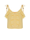 Топ желтый из хлопкового шитья с рюшами, пуговицы по планке, бретели на завязках с наконечниками