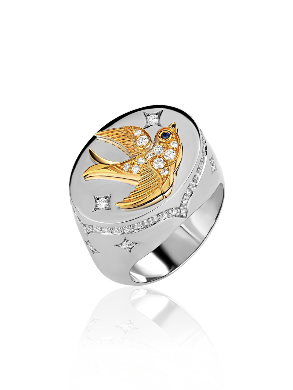 Кольцо из серебра с позолоченной птицей и фианитами круглой огранки, 1