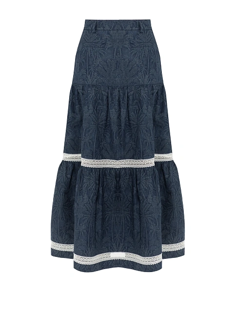 Синяя юбка-миди из жаккарда с кружевной тесьмой, 2 Синяя юбка-миди из жаккарда с кружевной тесьмой, 2