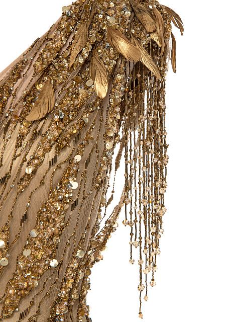 Золотистое асимметричное платье-макси из сетки с бисером, 3