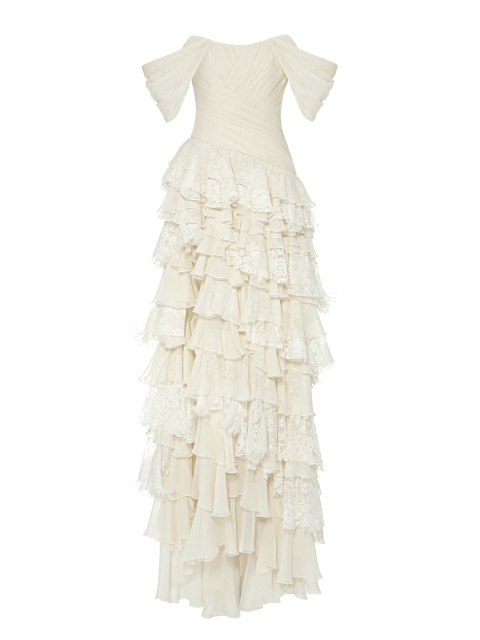 Белое платье-макси из шелка с кружевом и перьями, 1