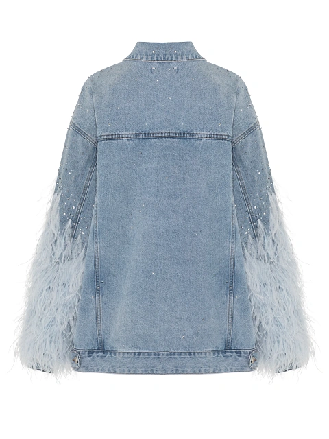 Голубая объемная куртка из денима с перьями и стразами, 2