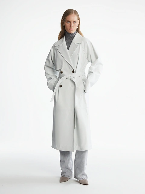 Белый двубортный тренч из кожи, 6