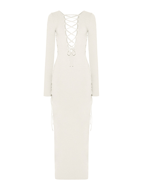 Белое трикотажное платье-макси с вырезами и шнуровкой, 2