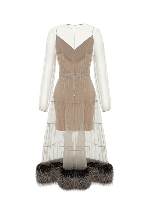 Бежевое платье из органзы с мехом лисы, 2