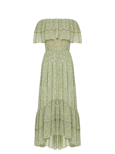 Светло-зеленое шифоновое платье-миди с открытыми плечами, 1