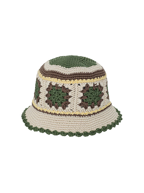 Бежево-зеленая вязаная панама в технике кроше, 1