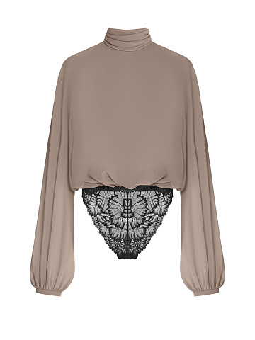 Коричневая блуза-боди с кружевом, 1