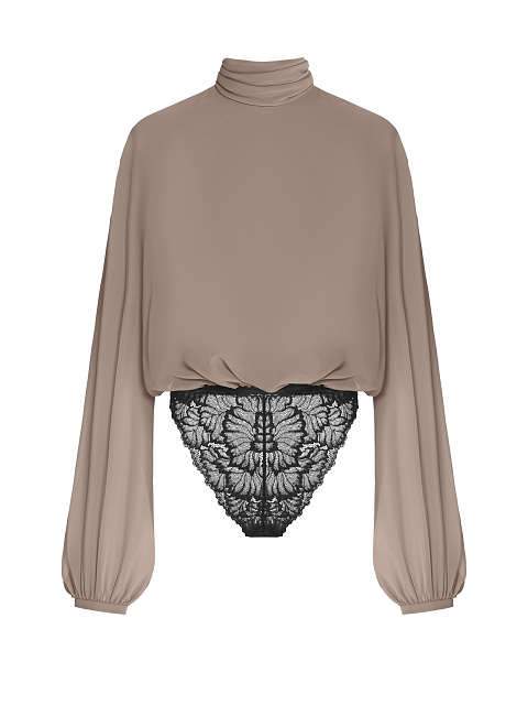 Коричневая блуза-боди с кружевом, 1