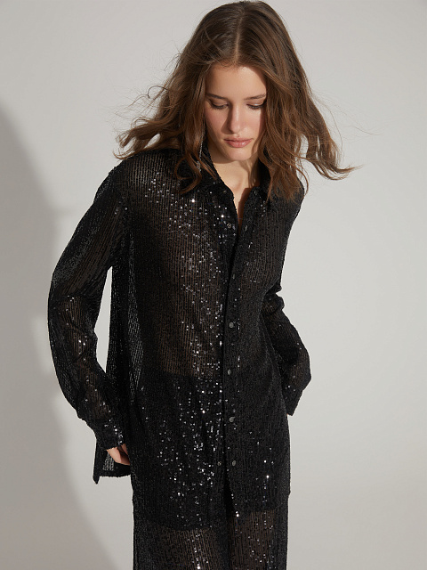 Черный костюм из рубашки и брюк в пайетках, 10