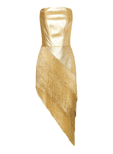 Золотое кожаное платье-мини с бахромой, 1