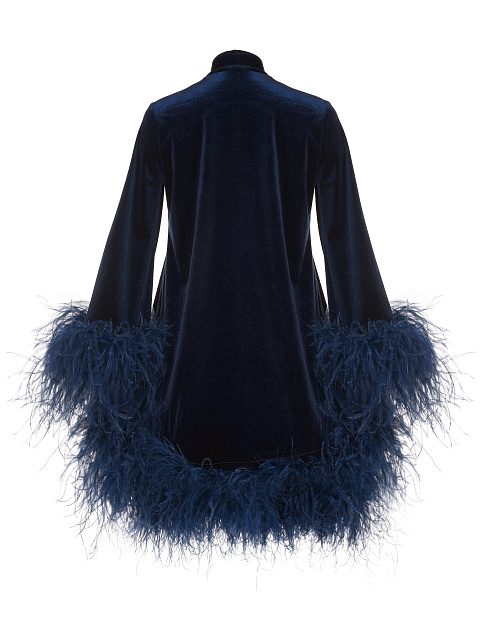 Темно-синее бархатное платье-мини с перьями, 2