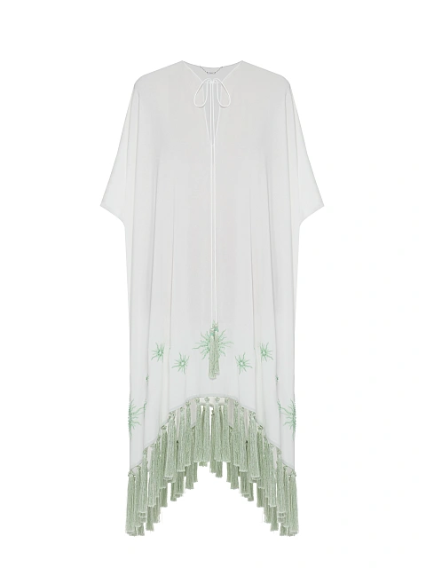 Белая туника из шифона с зеленой вышивкой и бахромой, 1 Белая туника из шифона с зеленой вышивкой и бахромой, 1