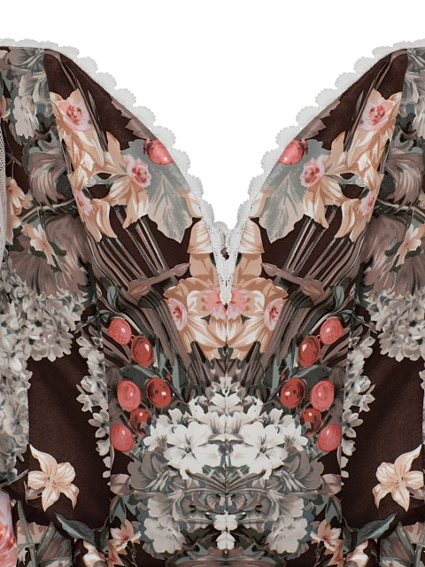 Коричневое платье-мини из шелка с принтом и белыми рукавами, 4