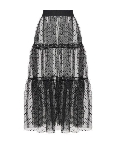 Черная юбка-миди из прозрачного фатина в горошек, 1