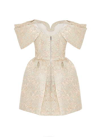 Бежевое платье-мини из парчи с цветочным узором, 2