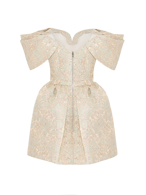 Бежевое платье-мини из парчи с цветочным узором, 2