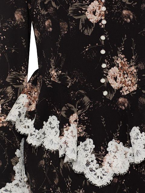 Черное платье-миди с цветочным принтом и белым кружевом, 3