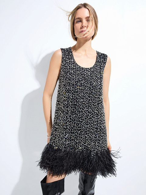 Платье-мини с кристаллами и перьями, 4