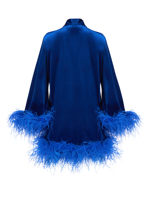 Ярко-синее бархатное платье-мини с перьями, 2