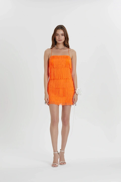 Оранжевое платье-мини с бахромой, 6