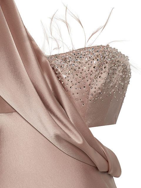 Пудровое асимметричное платье-макси из шелка с драпировкой, 4