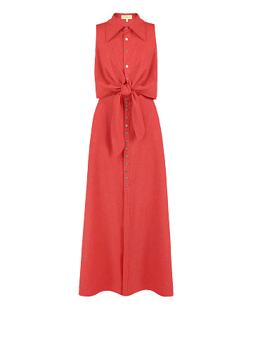 Коралловый льняной комплект из блузки и юбки-макси, 1