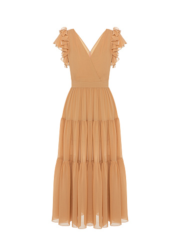 Бежевое платье-миди из шифона, 1