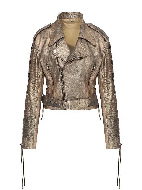 Золотистая косуха из кожи с декоративной шнуровкой, 1