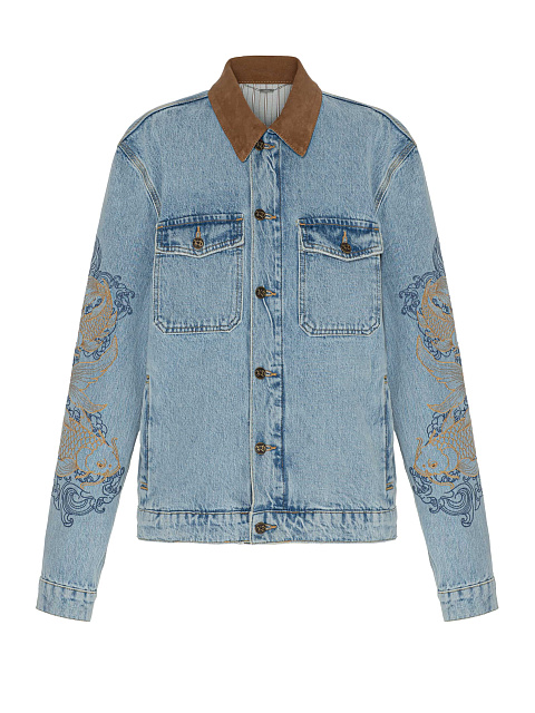 Голубая куртка из денима с вышивкой в виде рыб, 1 Голубая куртка из денима с вышивкой в виде рыб, 1