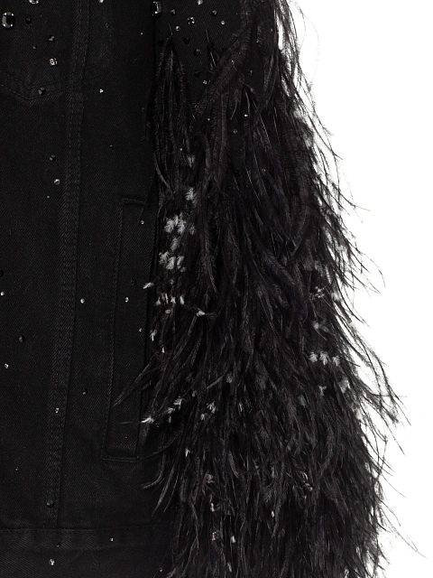 Черная объемная куртка из денима с перьями и стразами, 4