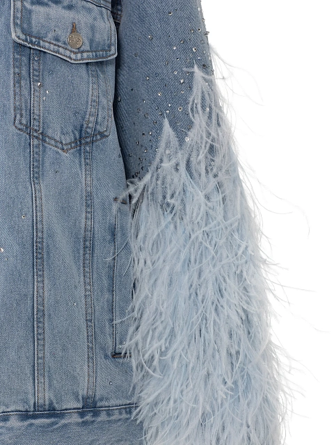 Голубая объемная куртка из денима с перьями и стразами, 4