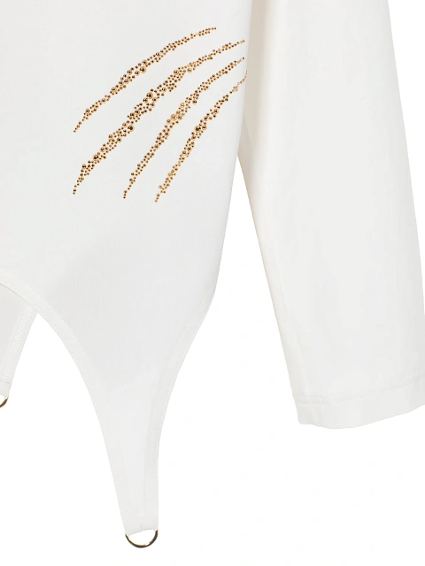 Белый хлопковый лонгслив с фигурным низом и золотистыми стразами, 4