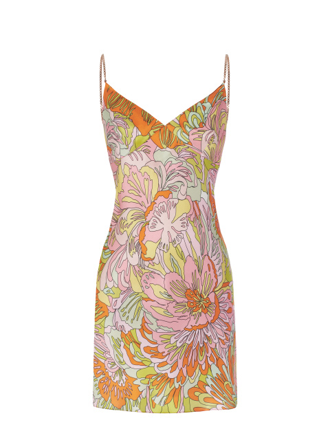 Оранжево-розовое шелковое платье-мини с цветочным принтом, 1