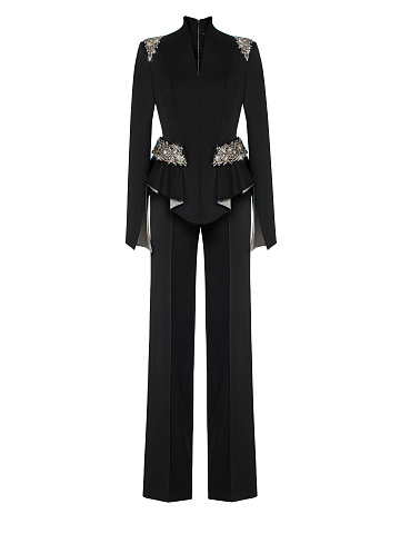 Черный костюм-двойка из шерсти с кристаллами, 1