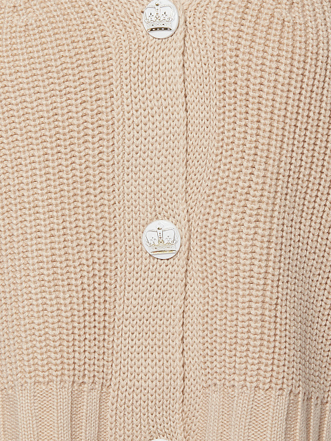 Бежевый вязаный комплект из топа и кардигана с белыми пуговицами, 6