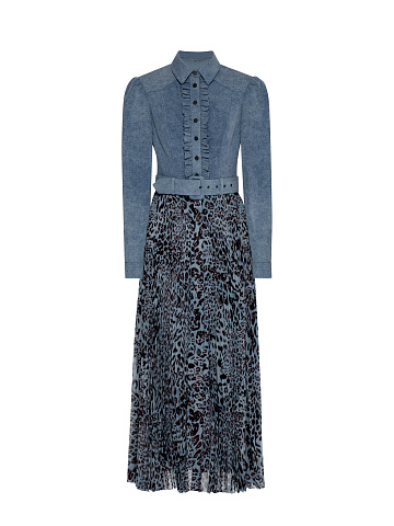 Голубое платье-миди с плиссированной леопардовой юбкой, 1