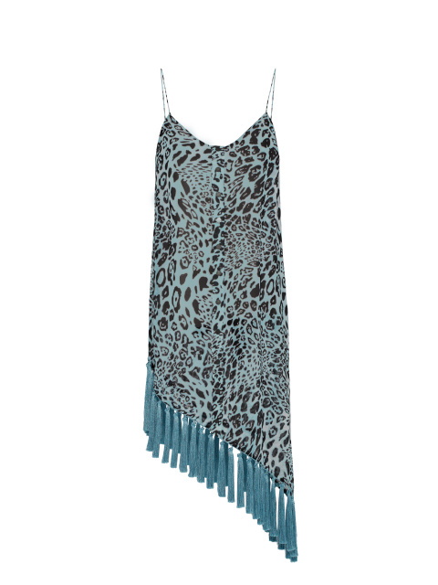 Голубое асимметричное платье-мини с леопардовым принтом, 1