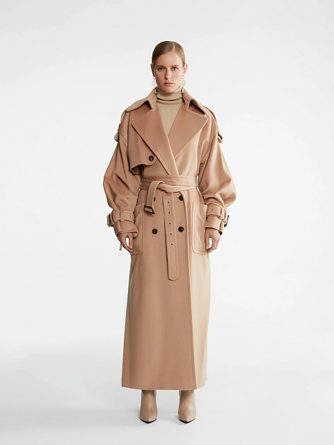 Бежевое двубортное пальто из кашемира с поясом, 1