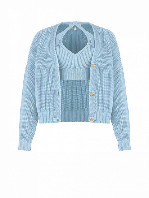 Голубой вязаный комплект из топа и кардигана с белыми пуговицами, 1