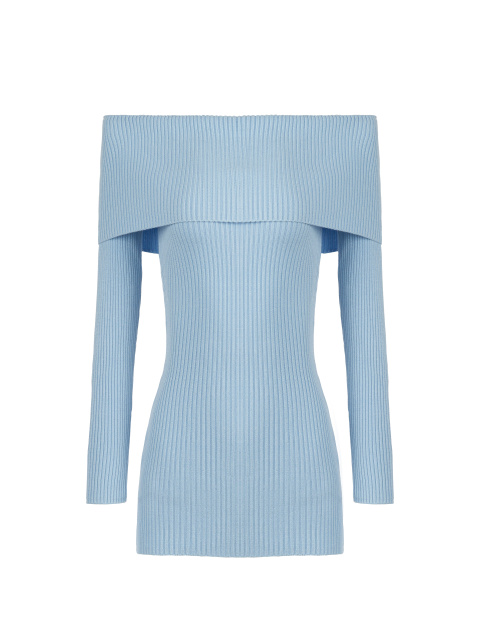Голубое трикотажное платье-мини с открытыми плечами, 1
