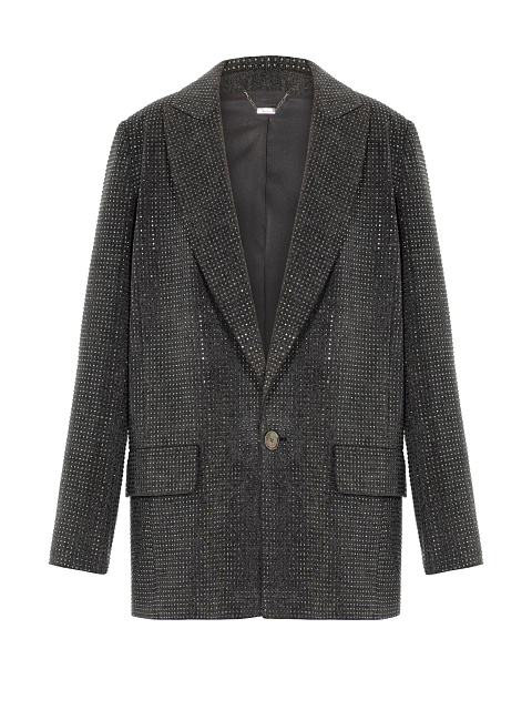 Серый однобортный жакет из денима со стразами, 1