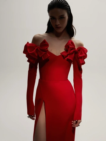 Красное платье-макси из шелка с бантами, 2