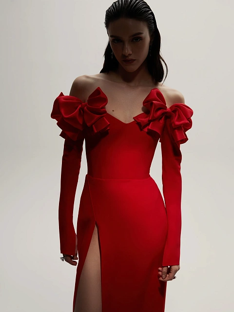 Красное платье-макси из шелка с бантами, 6