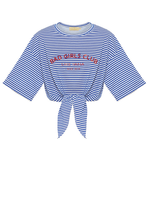 Укороченная синяя футболка в полоску c красным принтом, 1