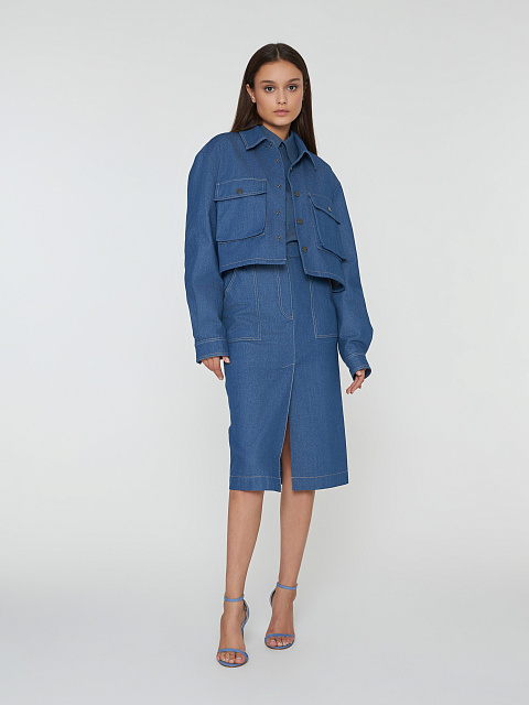 Темно-синий костюм с юбкой-миди из денима, 7