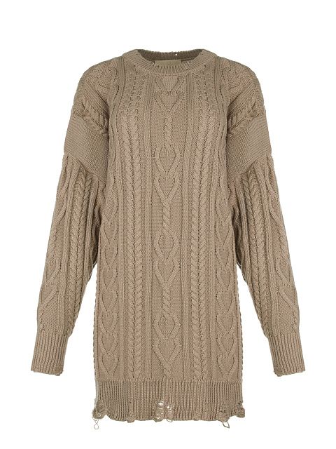 Бежевое вязаное платье-свитер с косами, 1