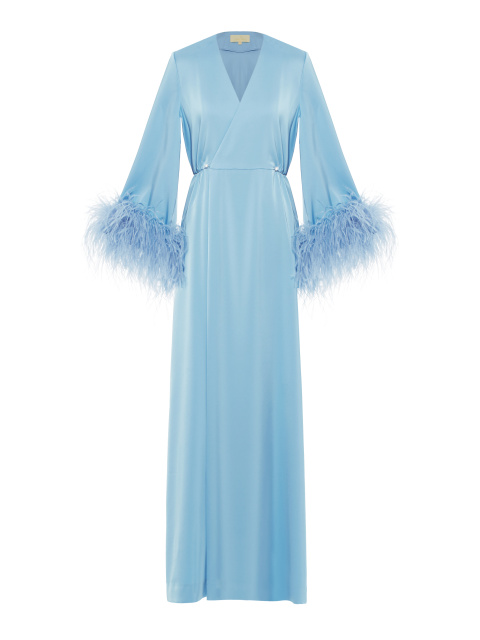 Голубое атласное платье-макси с боа на рукавах, 1