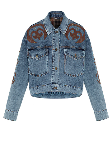 Синяя куртка из денима с отделкой из кожи, 1