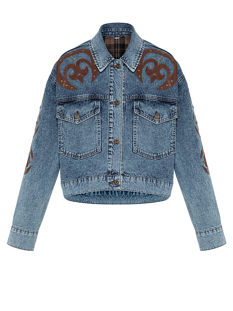 Синяя куртка из денима с отделкой из кожи, 1